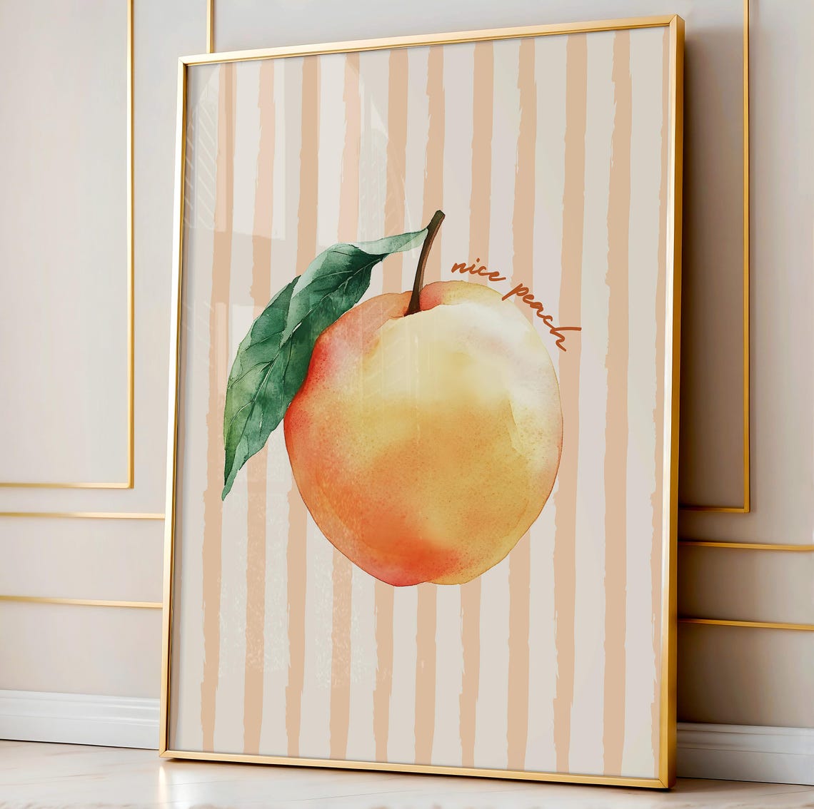 Nice Peach Watercolor Poster Juicy Fruit on Pink Stripes Decor