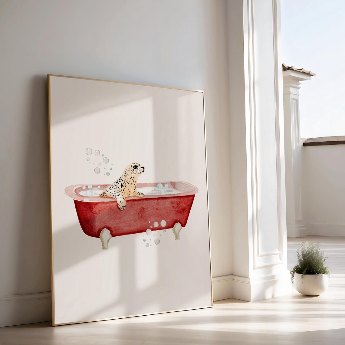 Spotted Seal in a Red Bathtub Funny Watercolor Bathroom Poster - Image 4