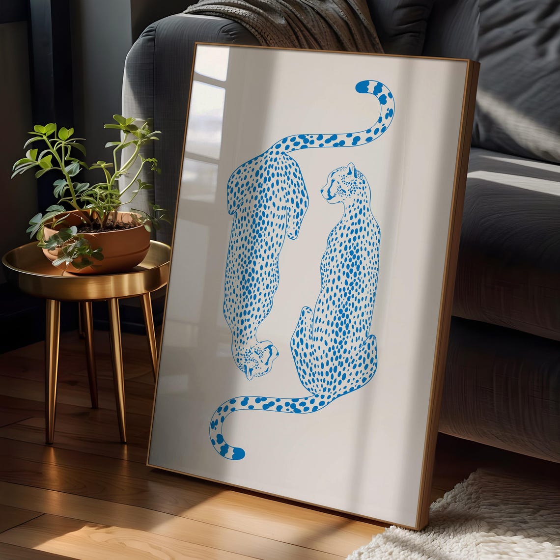 Two Blue Cheetahs Minimalist Wildlife Illustration Poster for Dorms