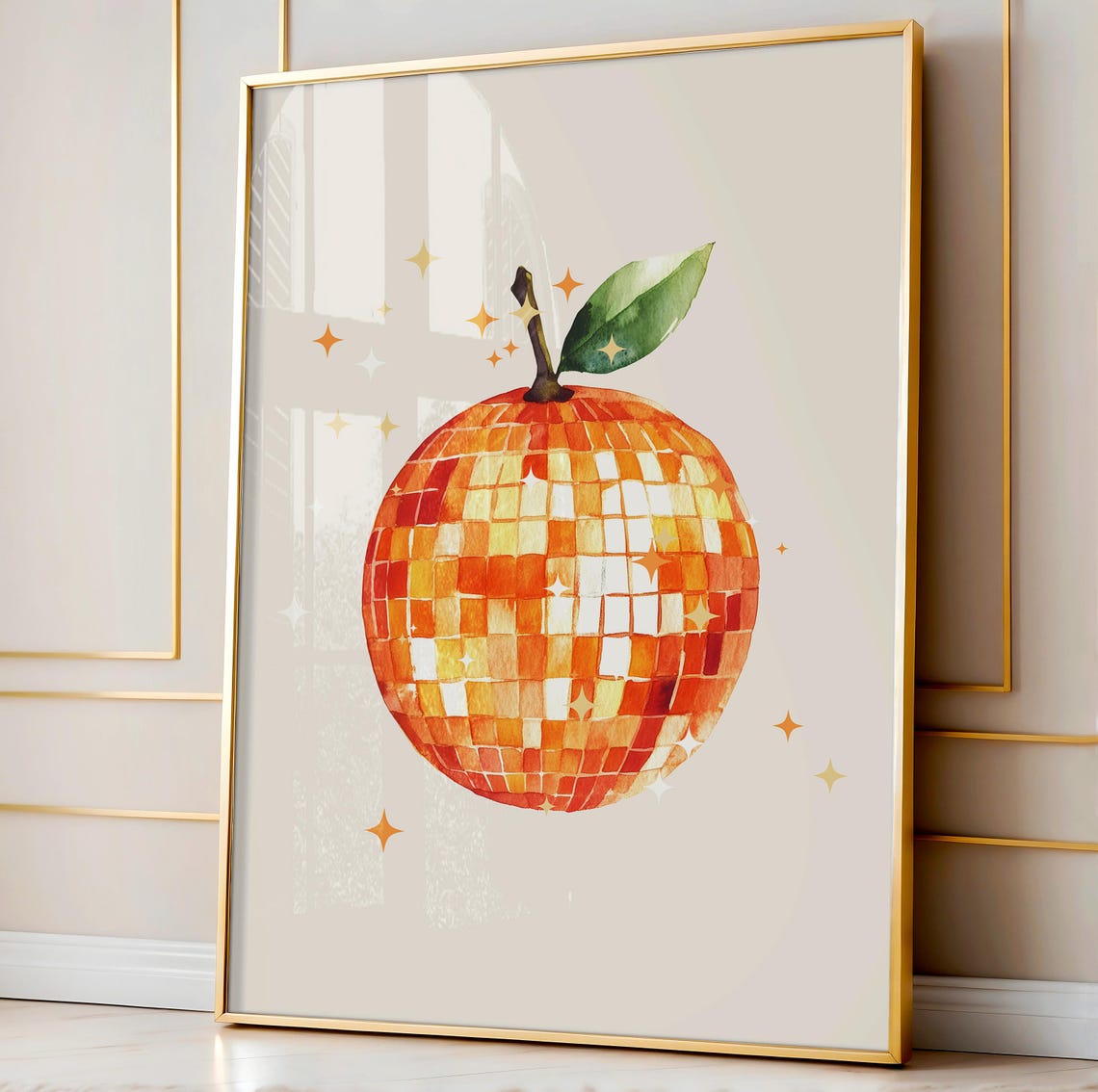 Fun Orange Disco Ball Fruit Watercolor Sparkle Dopamine Poster