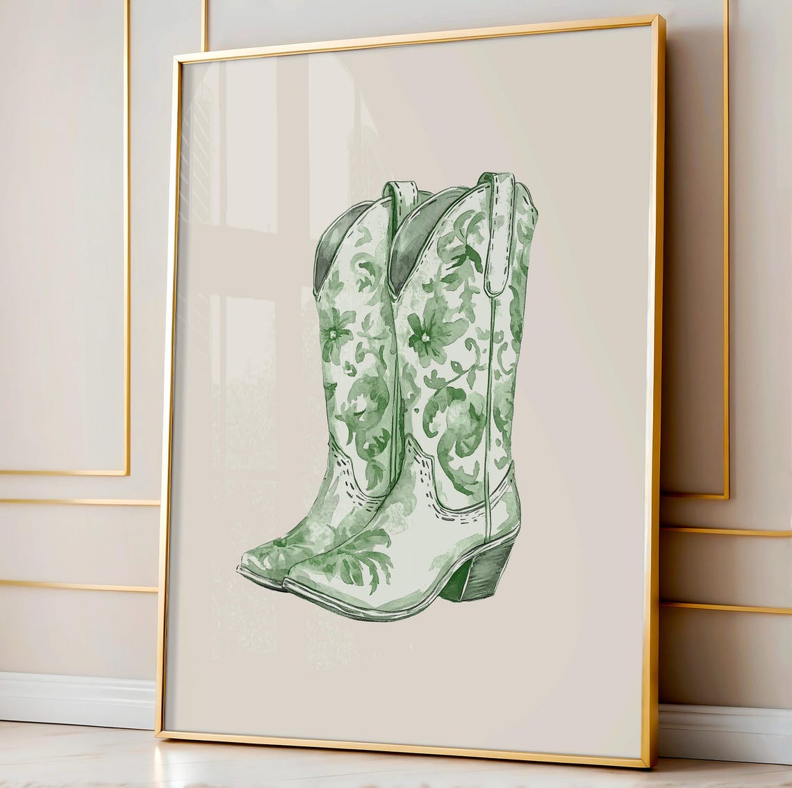 Sage Green Chinoiserie Floral Cowgirl Boots Watercolor Poster