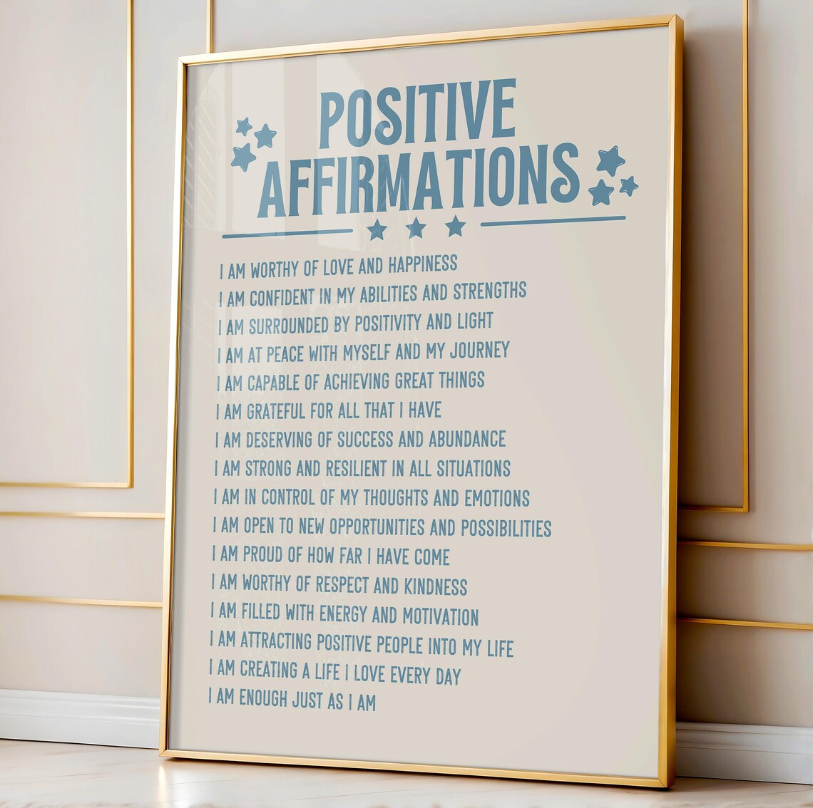 Positive Affirmations Blue Typography Self Care Motivational Stars Poster