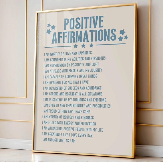 Positive Affirmations Blue Typography Self Care Motivational Stars Poster