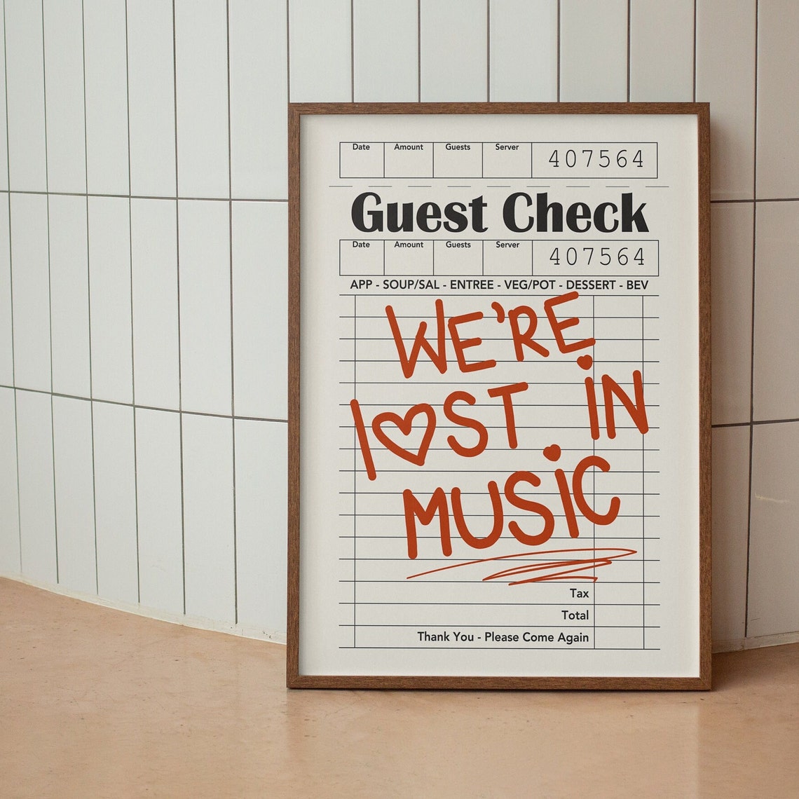 Were Lost in Music Heart Guest Check Retro Song Lyric Poster - Image 4