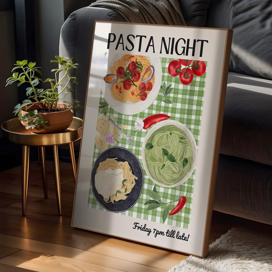 Pasta Night Friday Dinner Party Food Illustration Poster Kitchen Art - Image 2