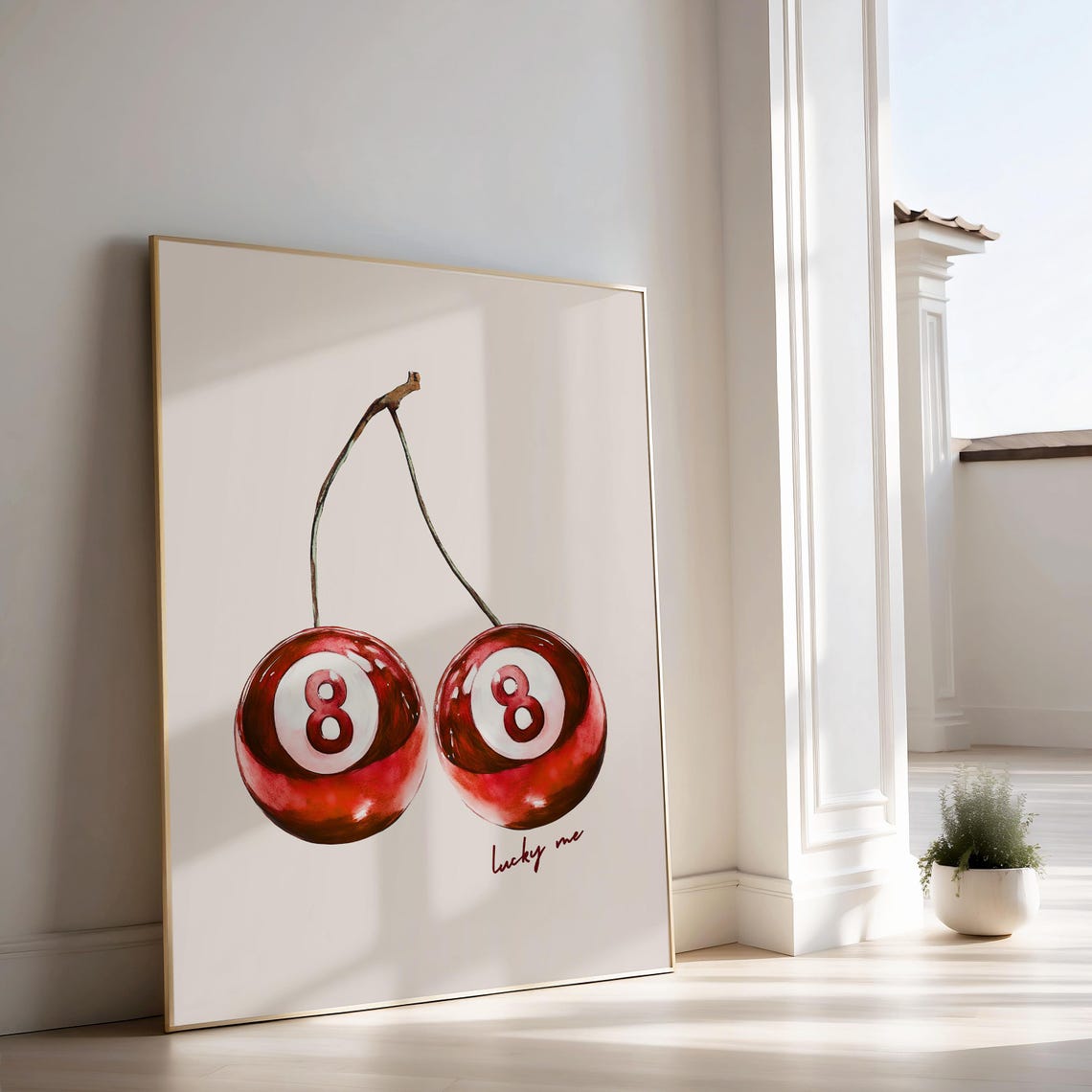 Lucky Me Red Cherry Eight Ball Watercolor Poster Retro Dopamine Art - Image 2