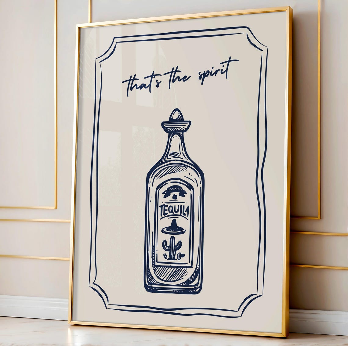 Thats the Spirit Tequila Bottle Navy Line Art Bar Cart Print - Image 2