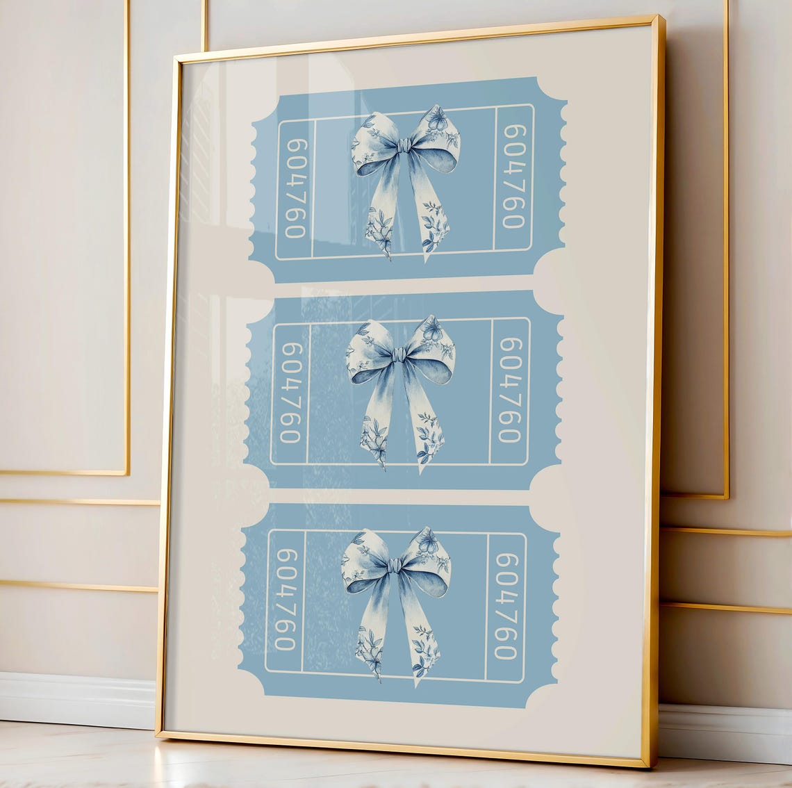 Blue Bow Ticket Poster Trio of Chinoiserie Coquette Dorm Decor