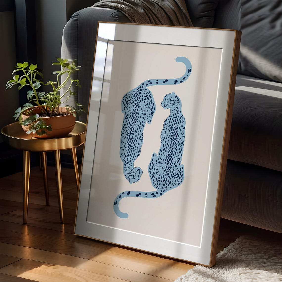 Blue Leopard Pair Stylized Spotted Big Cats Minimalist Poster - Image 2