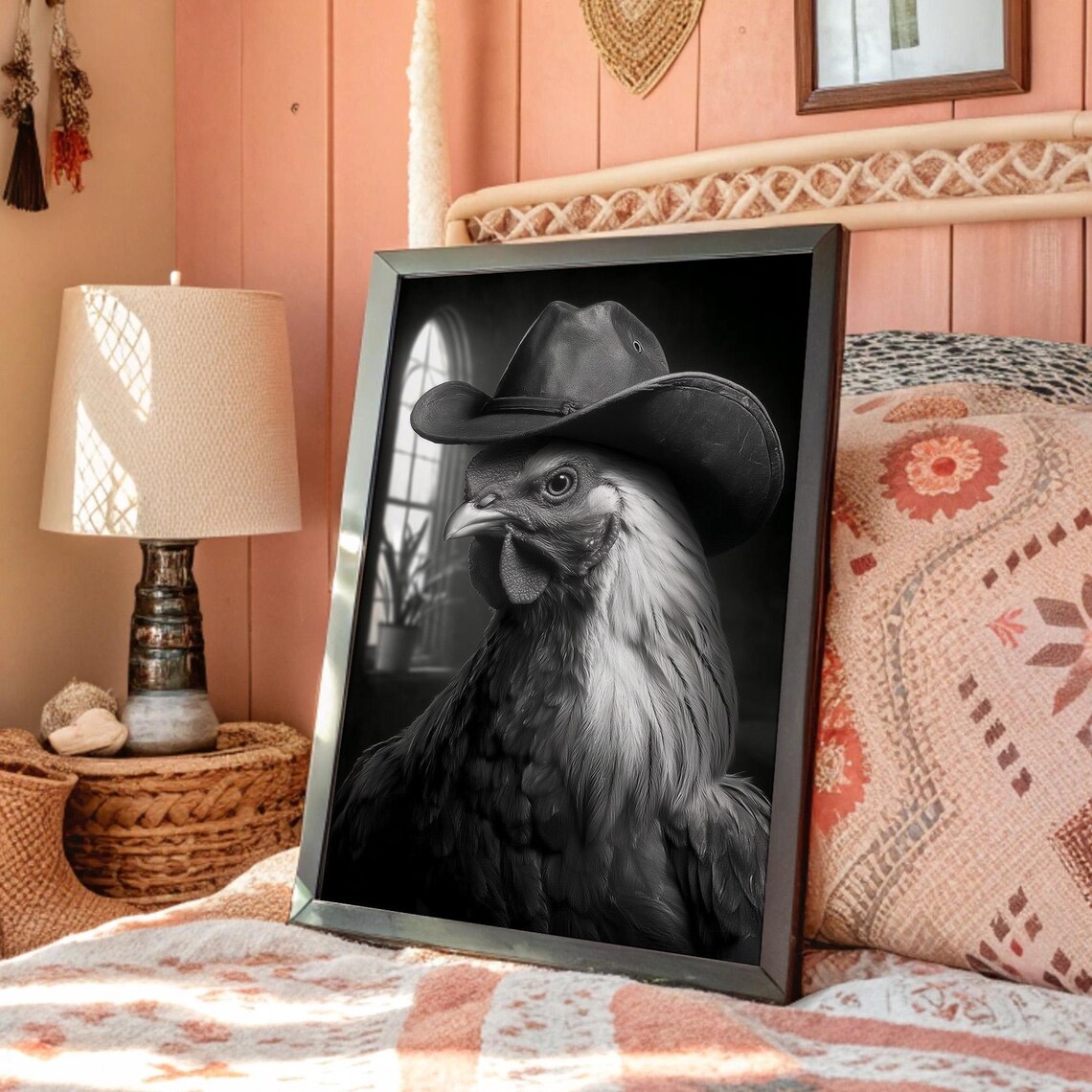 Black and White Rooster Wearing Cowboy Hat Portrait Art Print