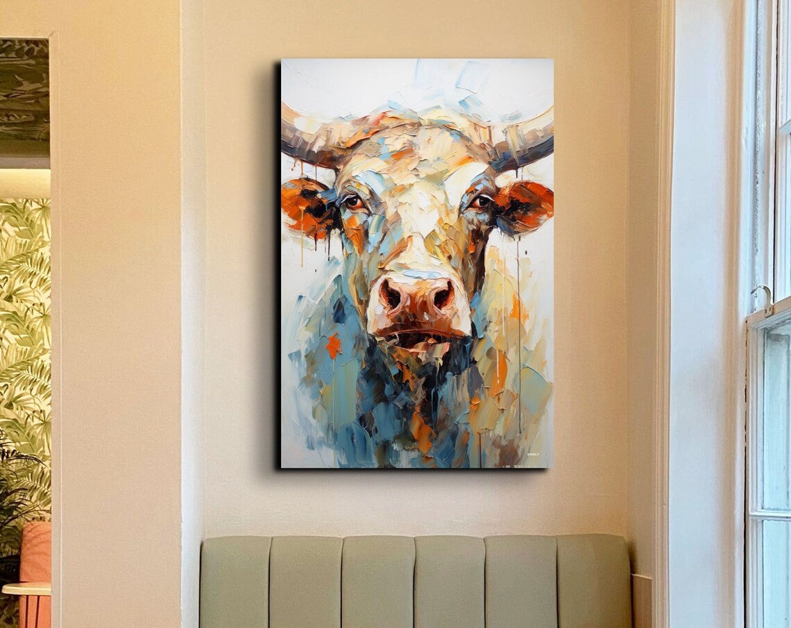 Longhorn Steer Portrait In Expressive Orange And Teal Oil Poster