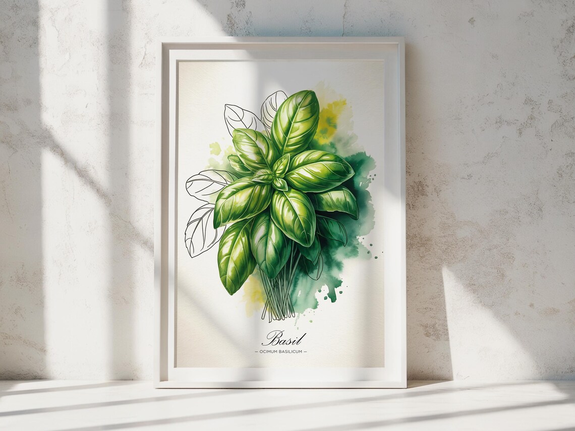 Basil Watercolor Art Print Botanical Kitchen Wall Decor