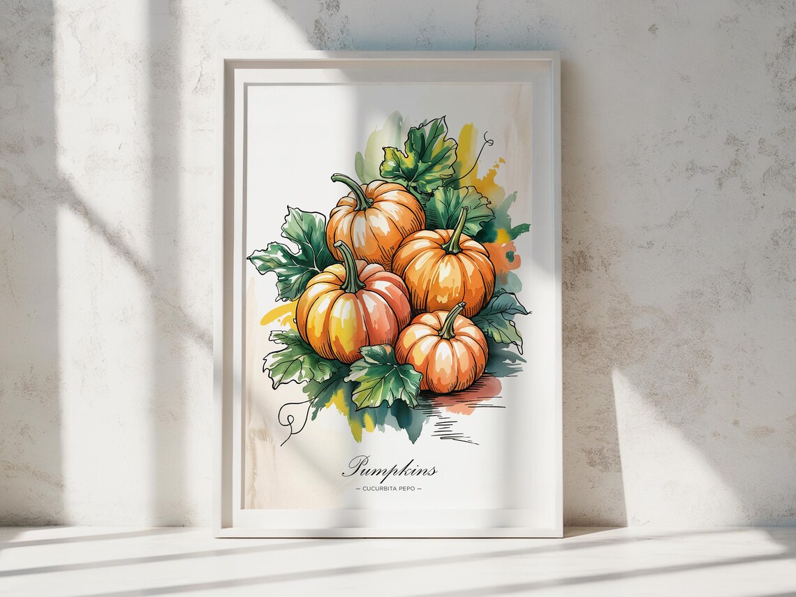 Pumpkin Watercolor Art Print Botanical Fall Kitchen Decor