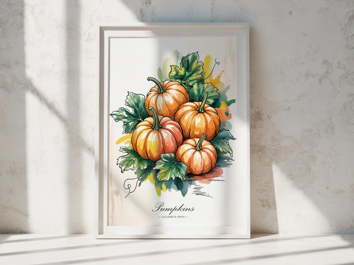 Pumpkins Cucurbita Pepo Botanical Watercolor Fall Kitchen Print