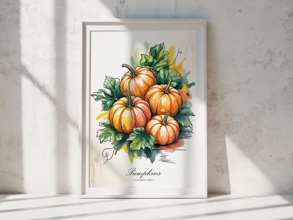 Pumpkin Watercolor Art Print Botanical Fall Kitchen Decor