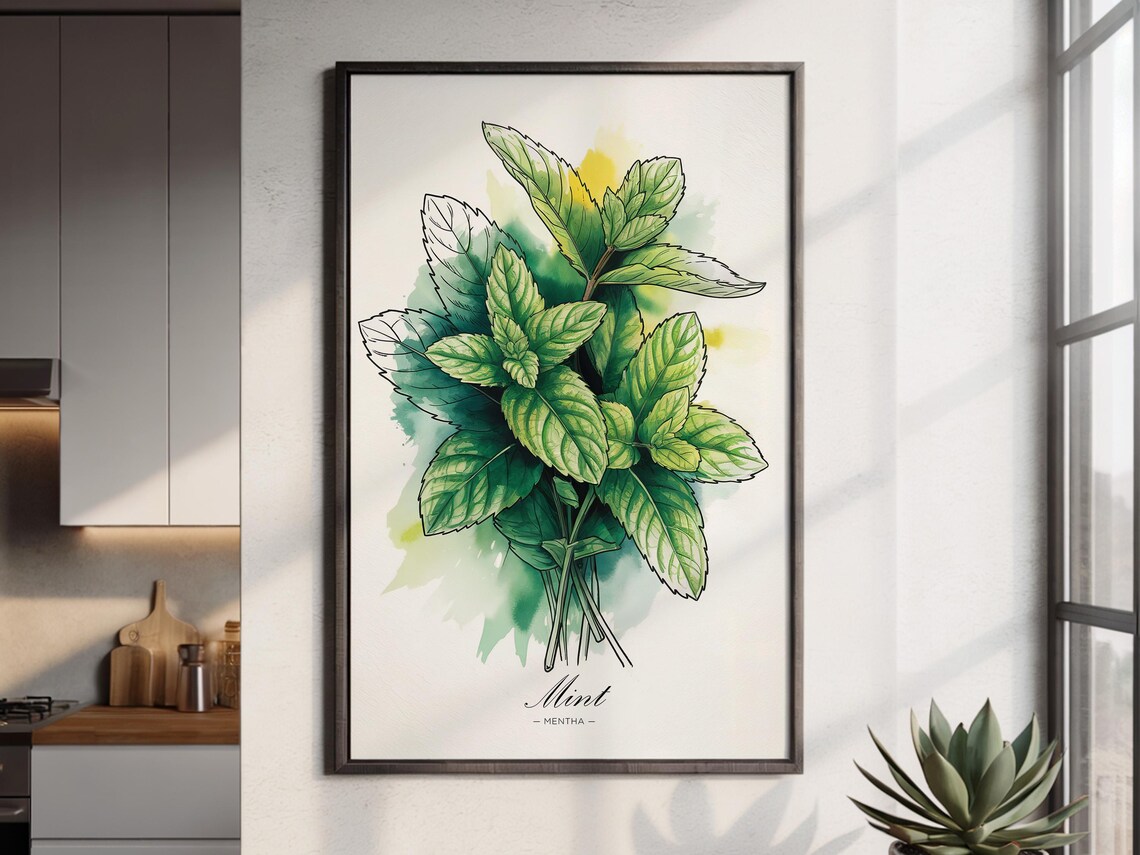 Mint Watercolor Art Print Botanical Kitchen Decor