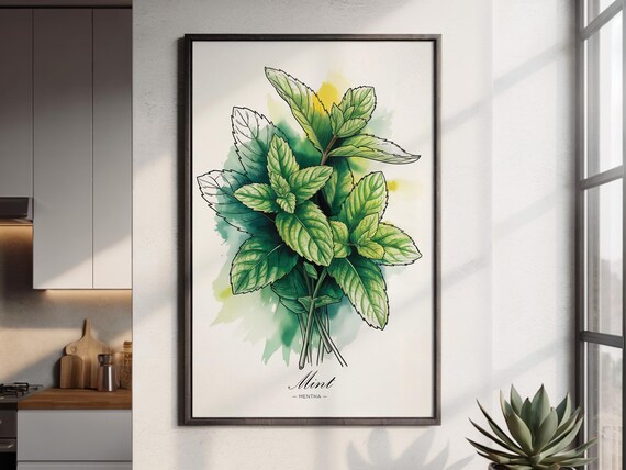 Mint Leaves Botanical Watercolor Print Herbal Kitchen Wall Decor