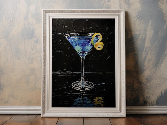 Blue Martini Lemon Twist Black Background Impasto Cocktail Art Poster
