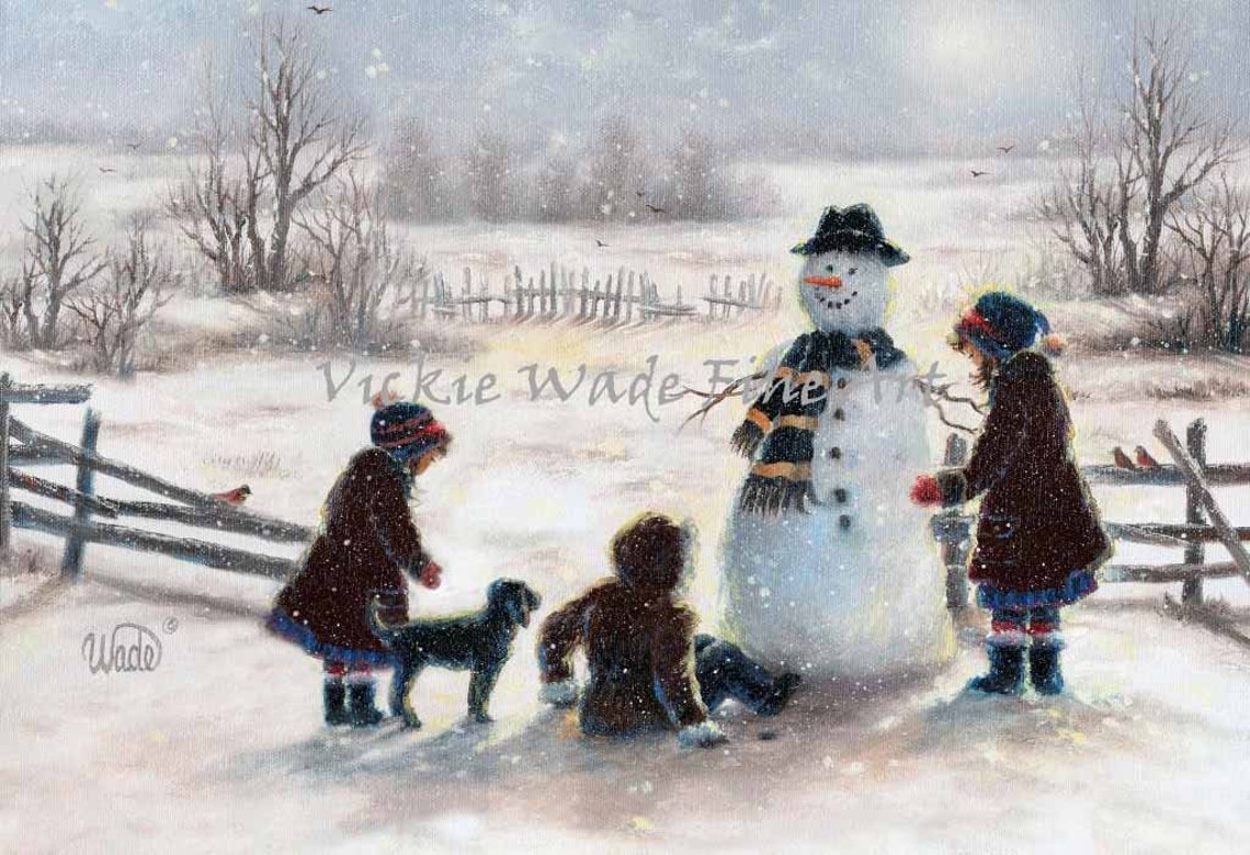 Snowman With Three Sisters in Sparkling Snow Winter Fun Poster