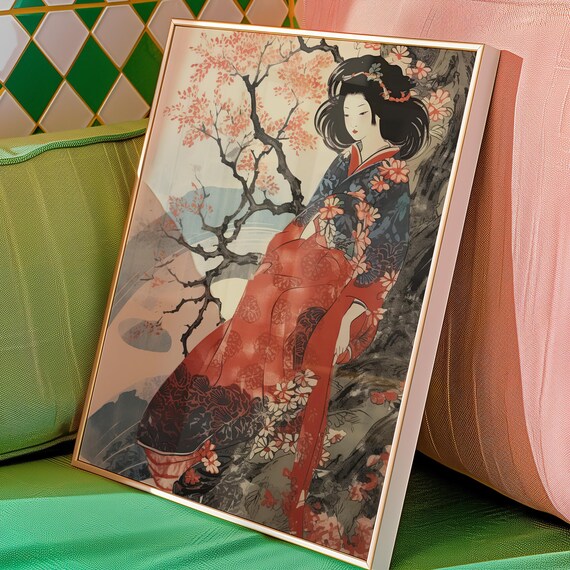 Japanese Woman in Kimono Among Cherry Blossoms Ukiyo-e Art Poster
