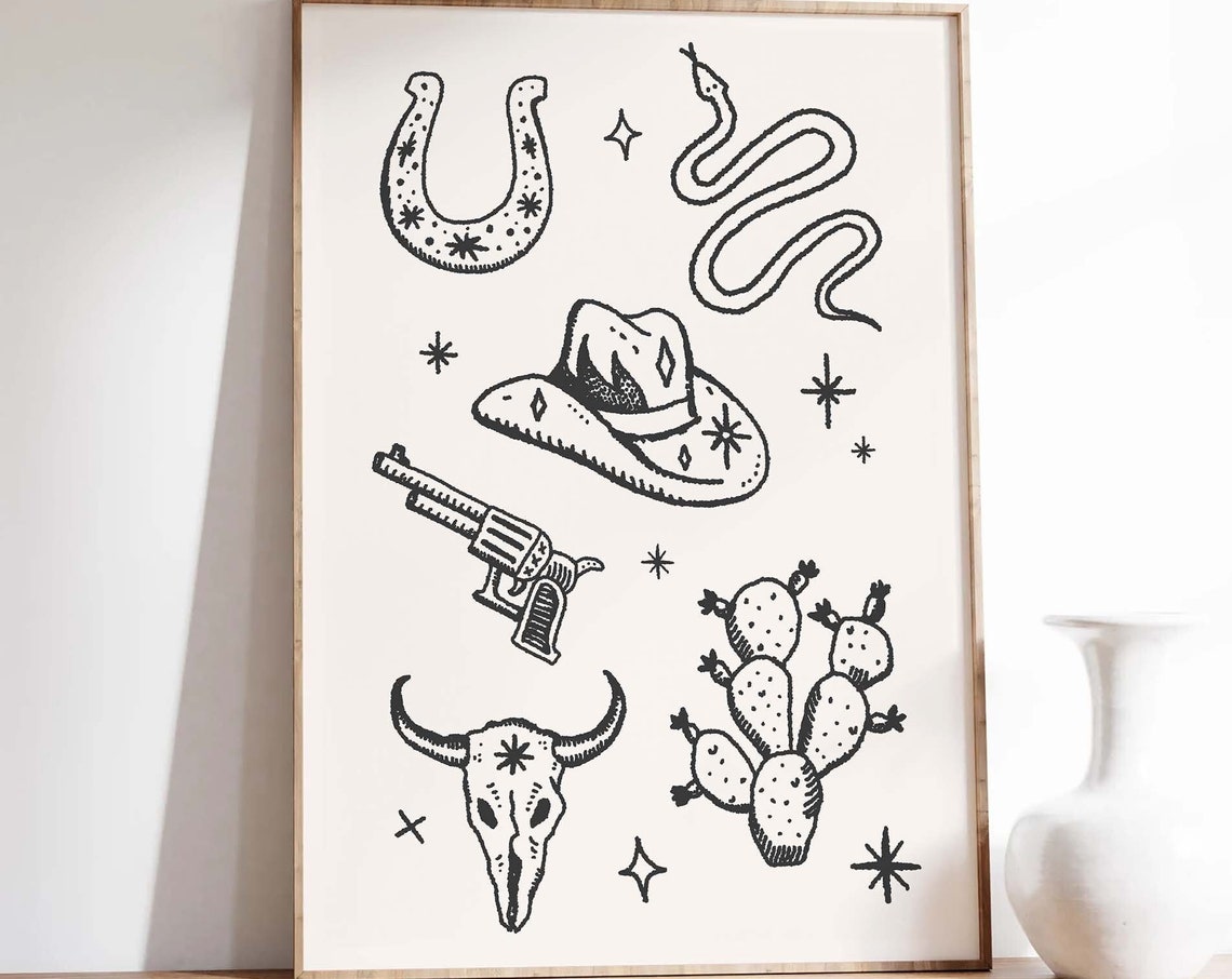Black Western Icons Cowboy Doodle Horseshoe Hat Bull Skull Wall Print