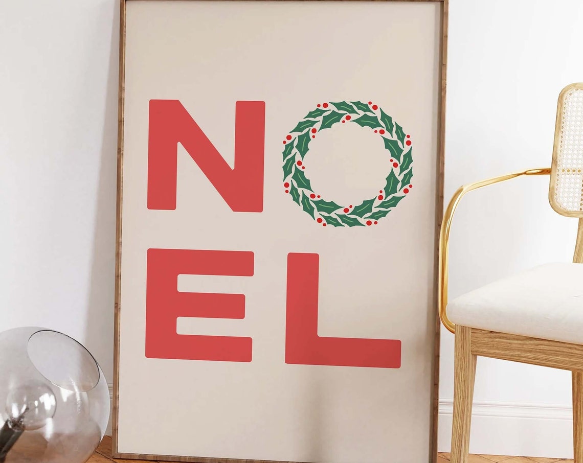 Noel Red Block Letter Holly Wreath O Classic Christmas Word Wall Print