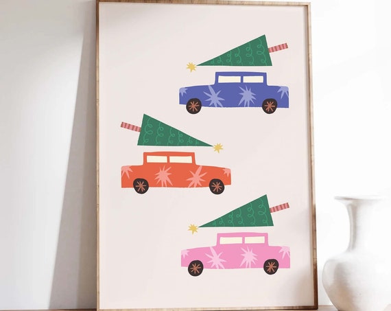 Christmas Cars Print Art Cute Christmas Decor Holiday Christmas Tree Wall Art Trendy Christmas Art Print