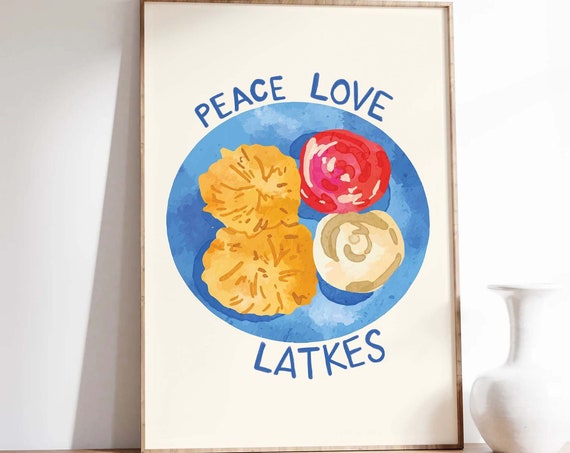 Peace Love Latkes Print Art Cute Hanukkah Wall Art Blue Jewish Holiday Wall Decorations