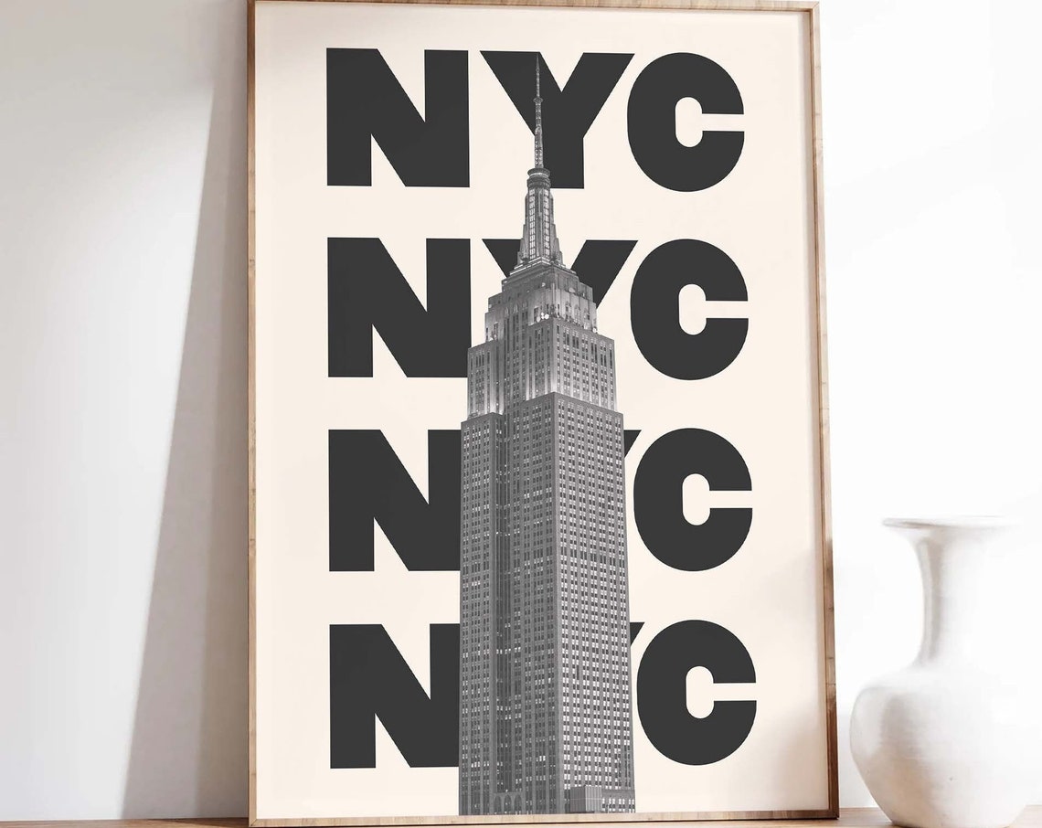 NYC Empire State Building Black White Repeat Typography Travel Poster