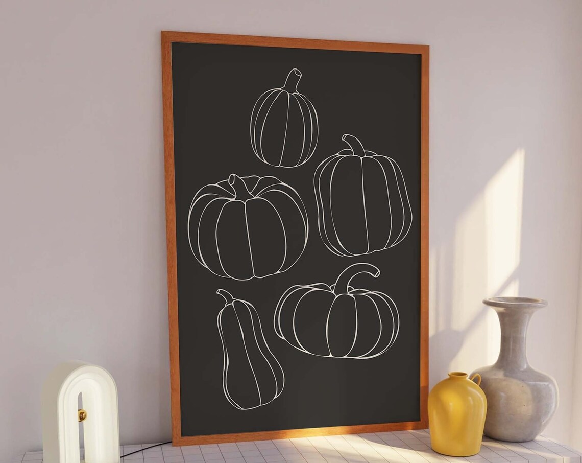 Minimalist Pumpkin Line Art Black Background Halloween Decor Poster