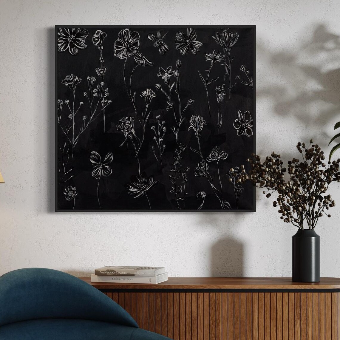 Midnight Garden Monochrome Floral Botanical Art Print - Image 2