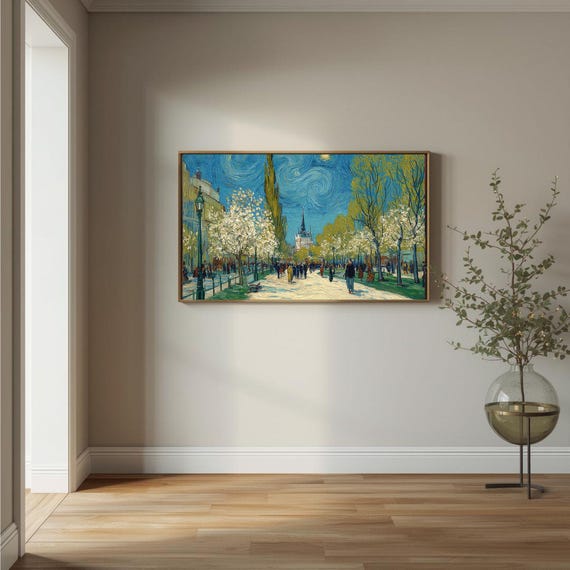 Moody Starlit Boulevard Print Vintage Cityscape Wall Art
