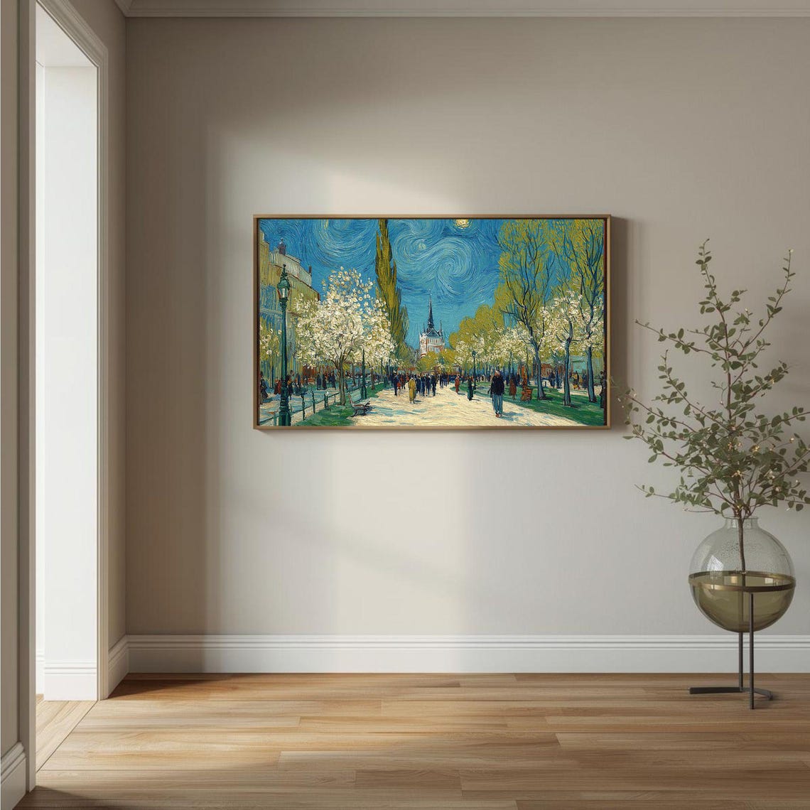Moody Starlit Boulevard Print Vintage Cityscape Wall Art