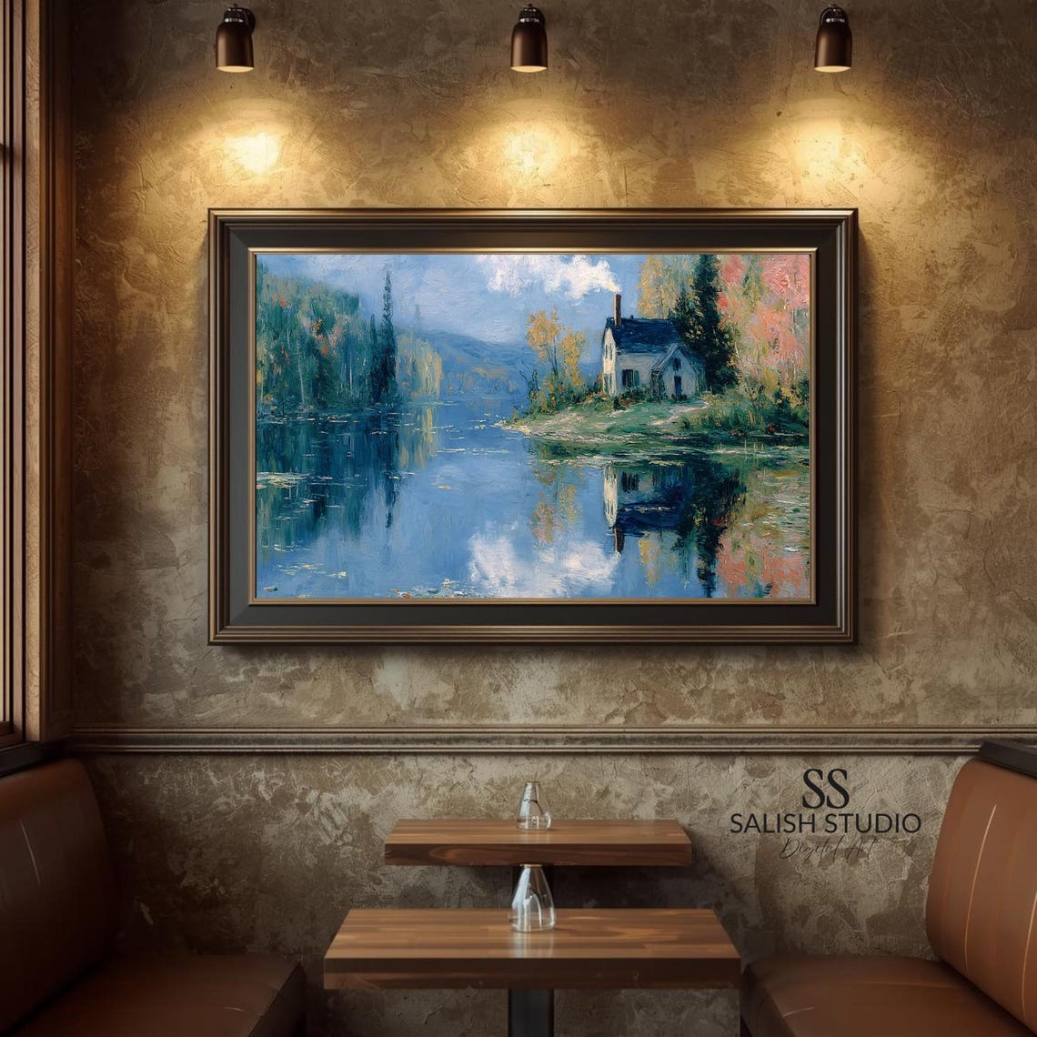Cottage by a Tranquil Lake with Autumn Reflections Art Poster