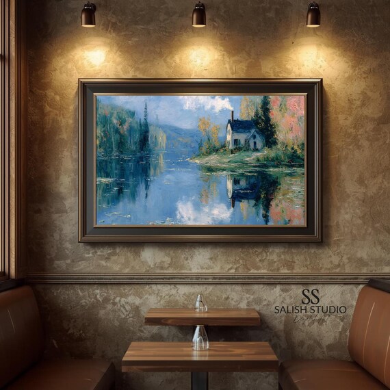 Cottage by a Tranquil Lake with Autumn Reflections Art Poster