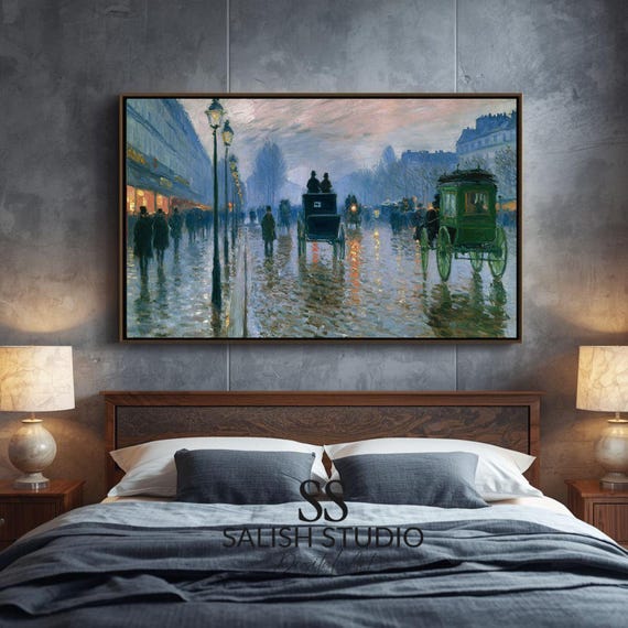 Paris Rain Street Scene Print Vintage Impressionist Cityscape