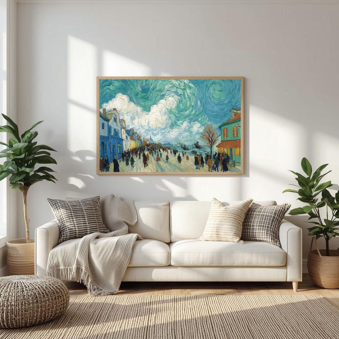 Van Gogh Style Bustling Old Town Street Under Swirling Sky Poster