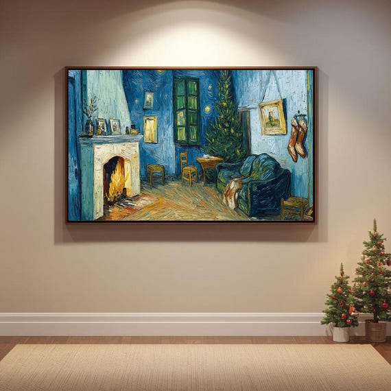 Van Gogh Style Blue Christmas Living Room Fireplace Night Poster