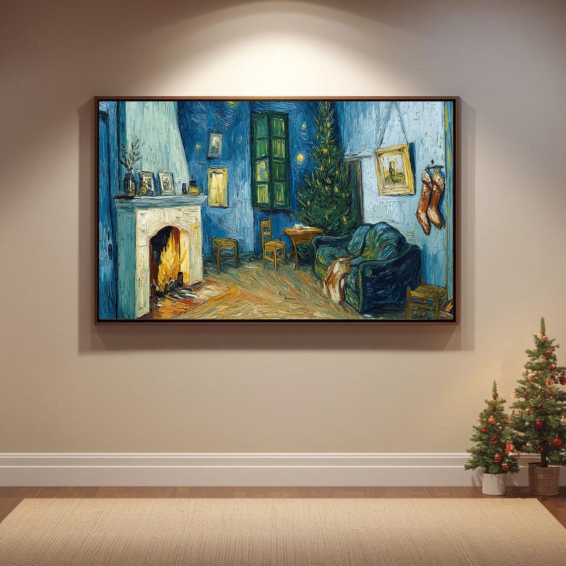 Van Gogh Style Blue Christmas Living Room Fireplace Night Poster