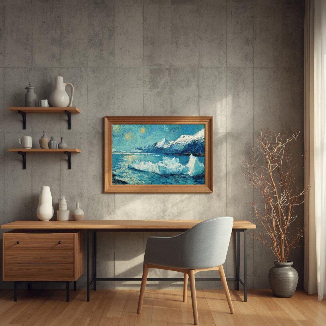 Starry Night Glacier Mountains Iceberg Seascape Painting Poster