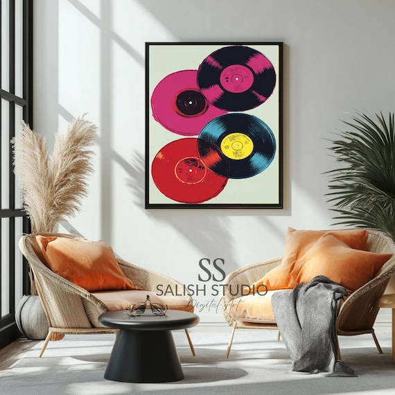 Colorful Vinyl Records Pop Art Poster Stacked LP Collection Retro Music Style