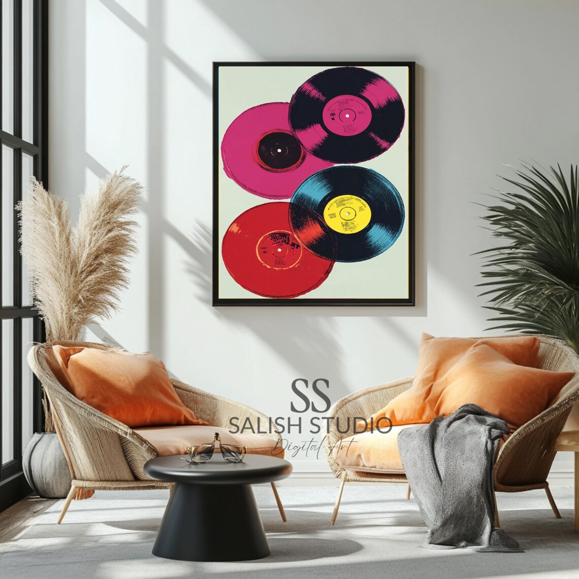 Colorful Vinyl Records Pop Art Poster Stacked LP Collection Retro Music Style