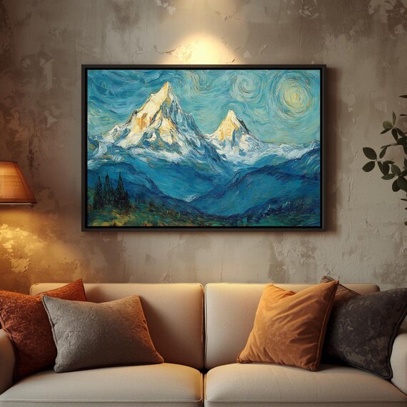 Van Gogh Style Snowcapped Mountain Peaks Under A Moon Art Poster