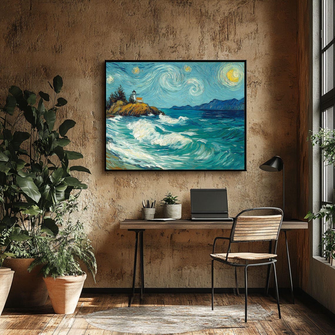 Starry Night Lighthouse Coastal Waves Swirling Ocean Art Poster