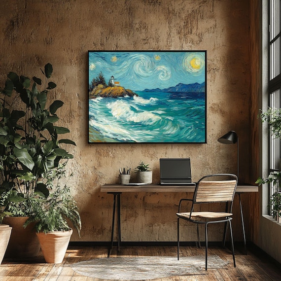 Starry Night Lighthouse Coastal Waves Swirling Ocean Art Poster