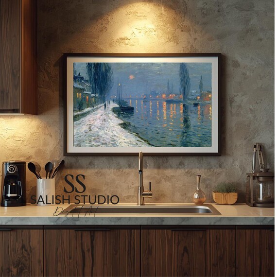 Impressionist Winter Twilight Riverside Glowing Lamps Vintage River Poster