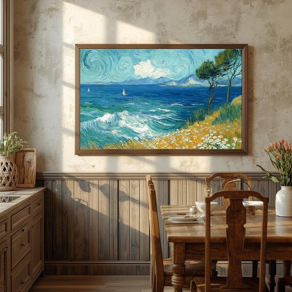 Van Gogh Style Coastal Cliffs Wildflower Seascape Sailboats Scene Poster