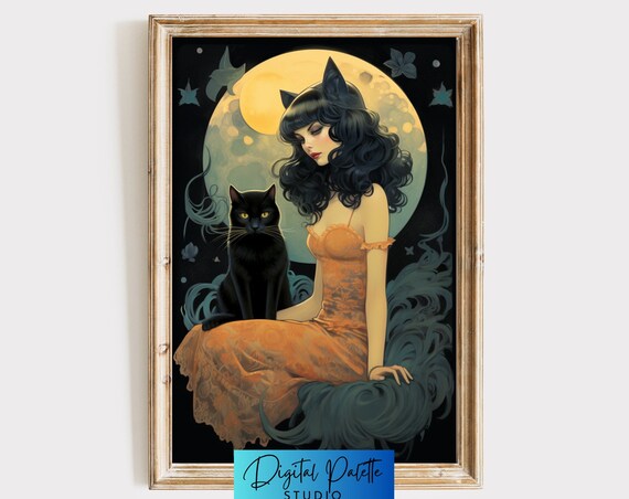 Vintage Woman With Cat Halloween Art Print
