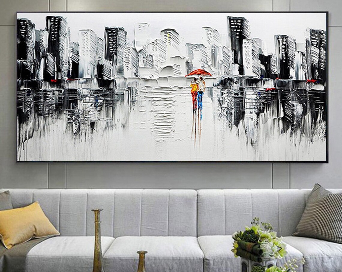 Large Abstract City Textured Oil Painting On Romantic Couple Modern Urban Landscape Wall Art Black Painting Living Room Home Decor