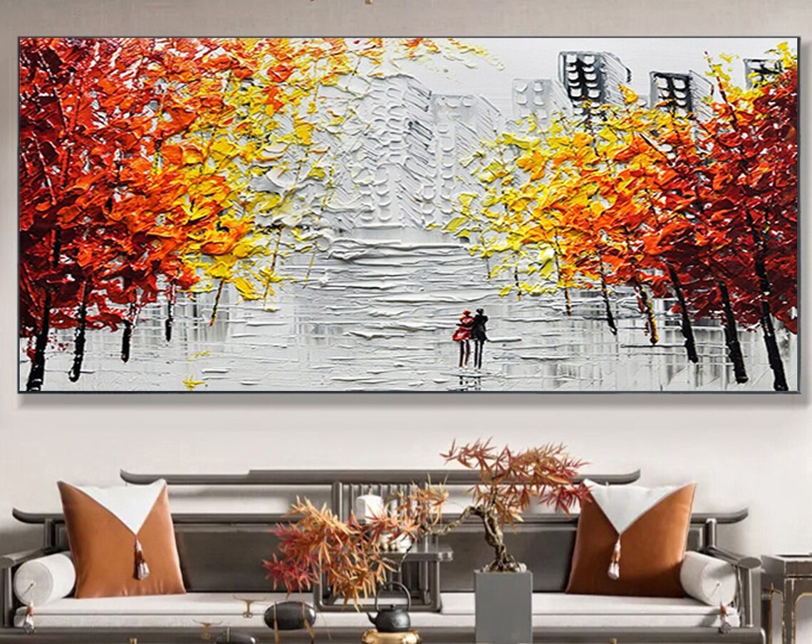 Romantic Couple Autumn City Stroll Panoramic Oil Painting Art Print